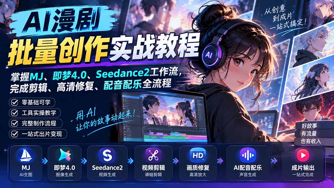 AI漫剧批量创作实战教程：掌握MJ、即梦4.0、Seedance2工作流，完成剪辑、高清修复、配音配乐全流程-桀创项目掘金社