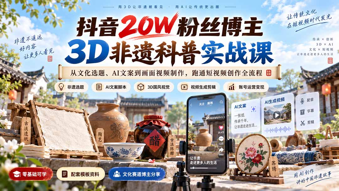 抖音20W粉丝博主3D非遗科普实战课：从文化选题、AI文案到画面视频制作，跑通短视频创作全流程-桀创项目掘金社