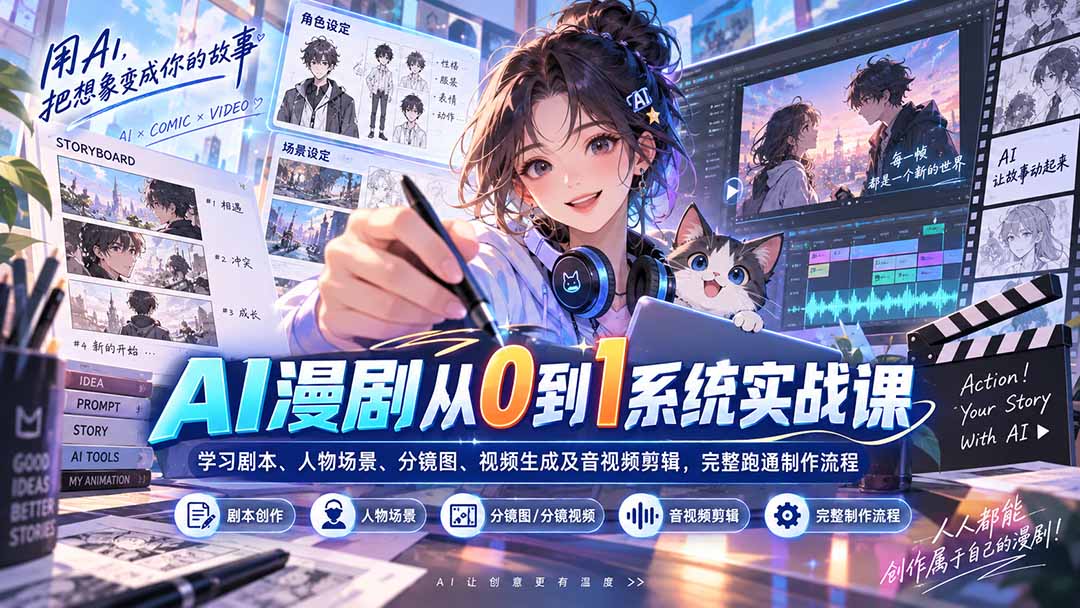 AI漫剧从0到1系统实战课：学习剧本、人物场景、分镜图、视频生成及音视频剪辑，完整跑通制作流程-桀创项目掘金社