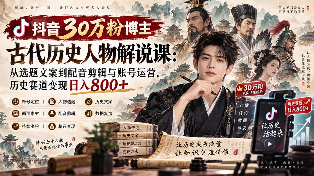 抖音30万粉博主古代历史人物解说课：从选题文案到配音剪辑与账号运营，历史赛道变现日入800+-桀创项目掘金社