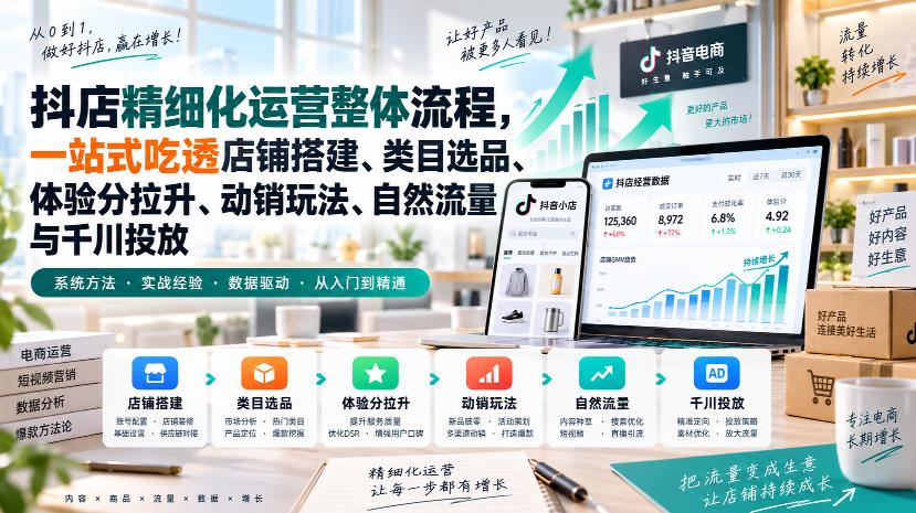 李哥电商-抖店精细化运营整体流程，一站式吃透店铺搭建、类目选品、体验分拉升、动销玩法、自然流量与千川投放-桀创项目掘金社
