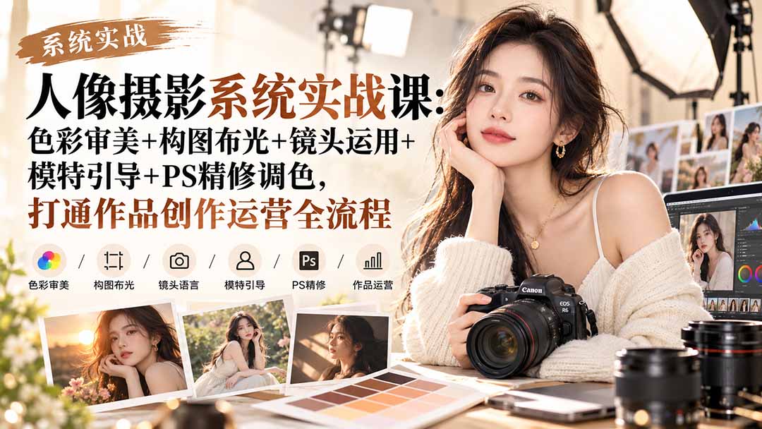 【无水印】人像摄影系统实战课：色彩审美+构图布光+镜头运用+模特引导+PS精修调色，打通作品创作运营全流程-桀创项目掘金社