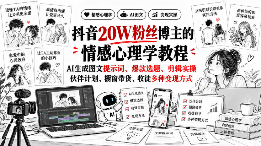 抖音20W粉丝博主静候心声的情感心理学教程，AI生成图文提示词、爆款选题、剪辑实操，伙伴计划、橱窗带货、收徒多种变现方式-桀创项目掘金社