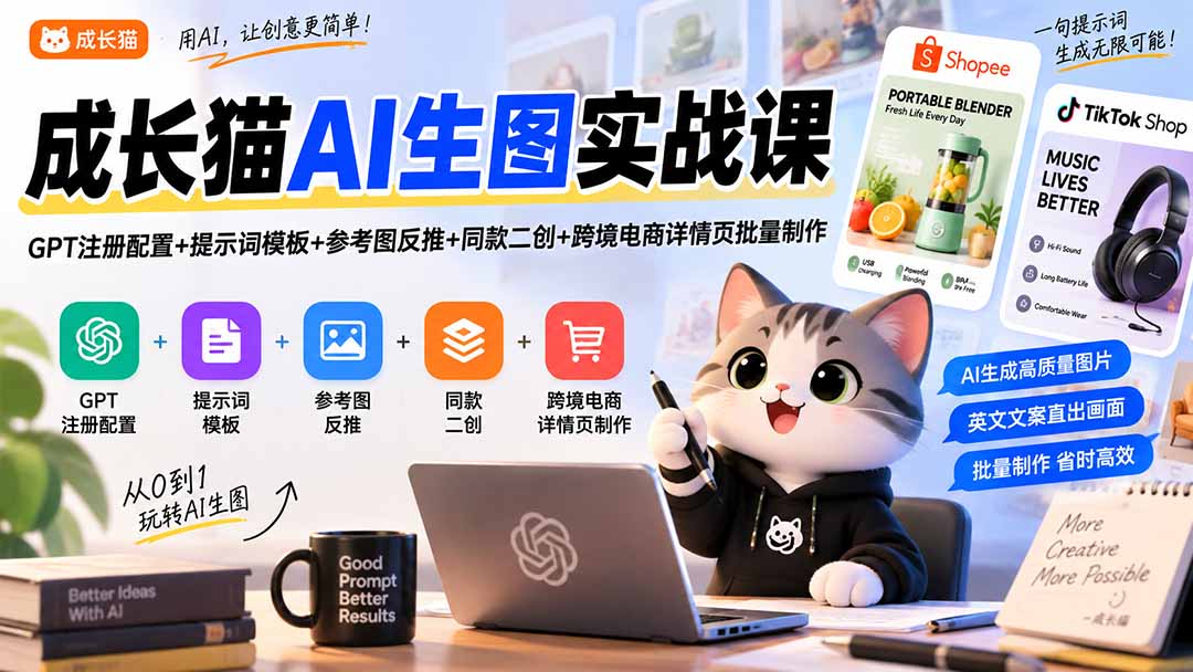 成长猫AI生图实战课｜GPT注册配置+提示词模板+参考图反推+同款二创+跨境电商详情页批量制作-桀创项目掘金社