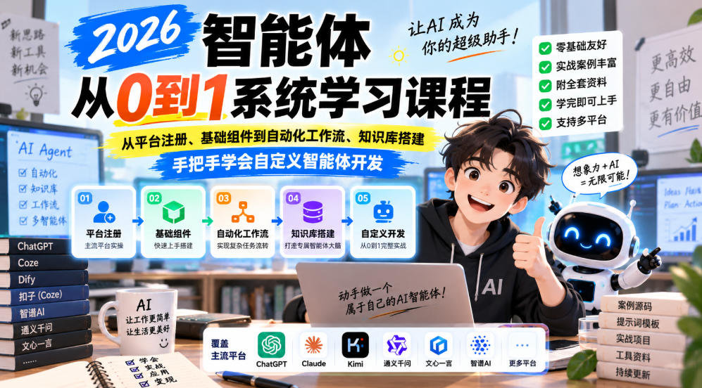 2026智能体从0到1系统学习课程，从平台注册、基础组件到自动化工作流、知识库搭建，手把手学会自定义智能体开发-桀创项目掘金社