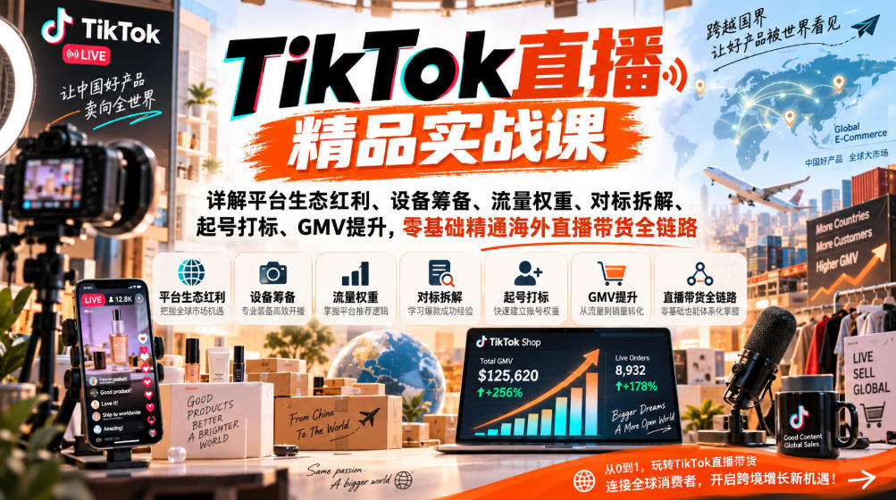 TikTok直播精品实战课，详解平台生态红利、设备筹备、流量权重、对标拆解、起号打标、GMV提升，零基础精通海外直播带货全链路-桀创项目掘金社