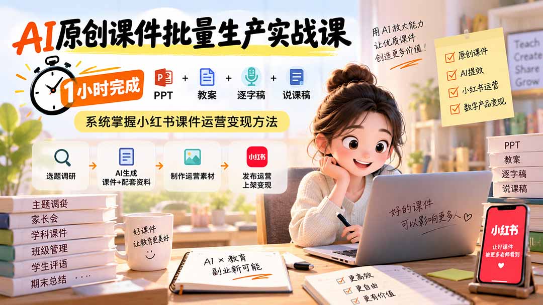 AI原创课件批量生产实战课：1小时完成PPT+教案+逐字稿+说课稿，系统掌握小红书课件运营变现方法-桀创项目掘金社