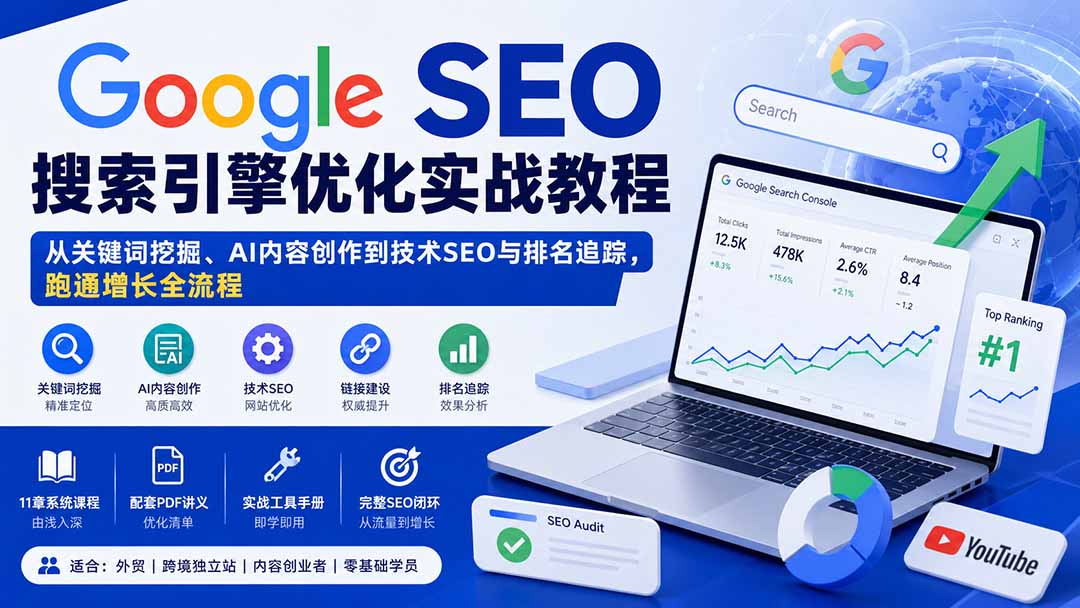 Google SEO搜索引擎优化实战教程：从关键词挖掘、AI内容创作到技术SEO与排名追踪，跑通增长全流程-桀创项目掘金社