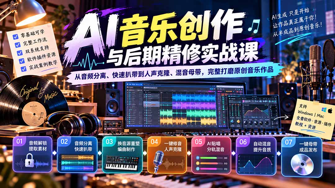 AI音乐创作与后期精修实战课：从音频分离、快速扒带到人声克隆、混音母带，完整打磨原创音乐作品-桀创项目掘金社