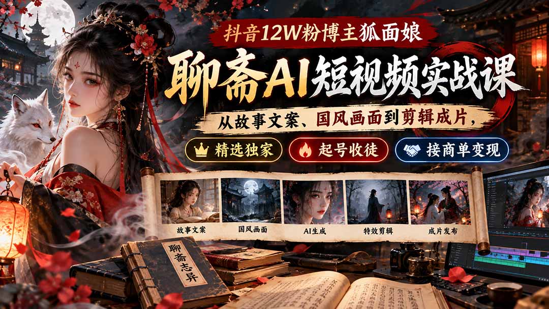 抖音12W粉博主狐面娘-聊斋AI短视频实战课：从故事文案、国风画面到剪辑成片，精选独家+起号收徒+接商单变现-桀创项目掘金社