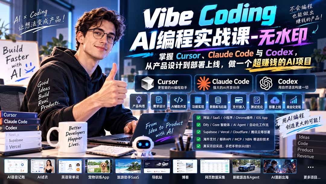 Vibe Coding AI编程实战课-无水印：掌握Cursor、Claude Code与Codex，从产品设计到部署上线，做一个超赚钱的AI项目-桀创项目掘金社