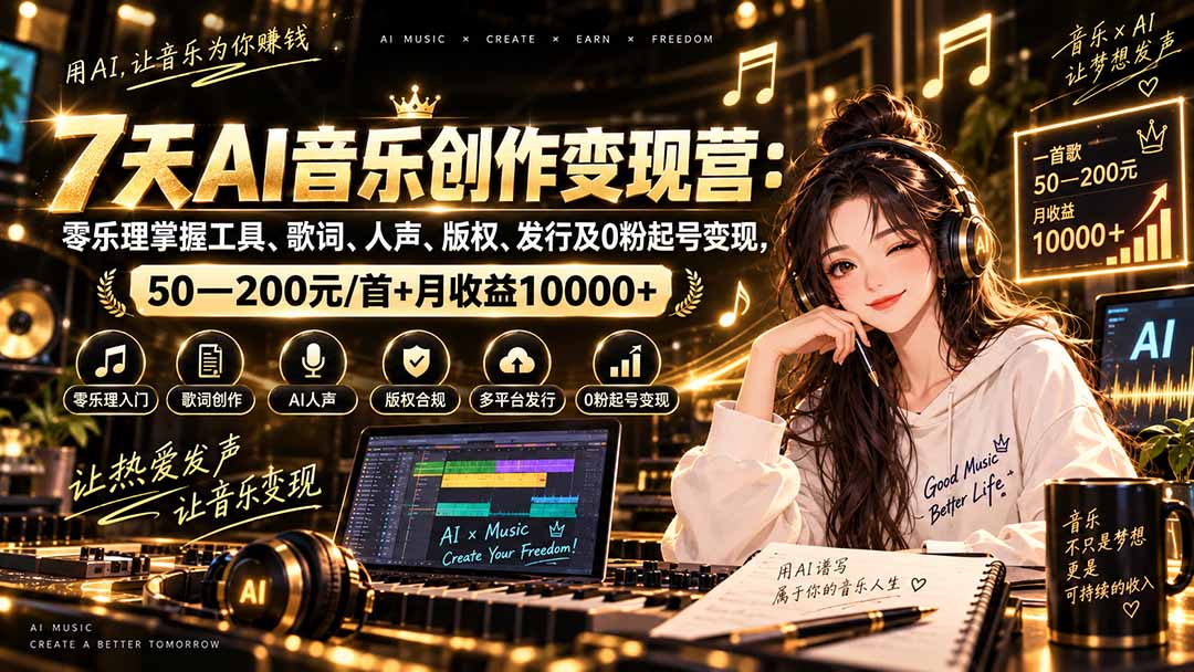 AI音乐创作变现营：零乐理掌握工具、歌词、人声、版权、发行及0粉起号变现，50—200元/首+月收益10000+-桀创项目掘金社