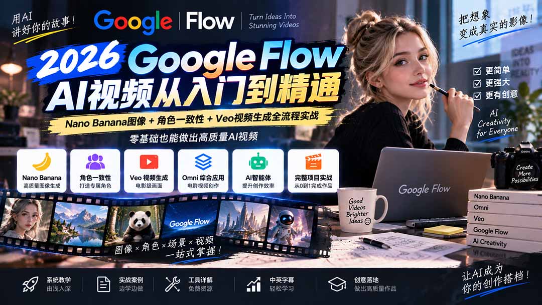 【无水印】Google Flow AI视频从入门到精通：Nano Banana图像+角色一致性+Veo视频生成全流程实战-精翻中英字幕-桀创项目掘金社