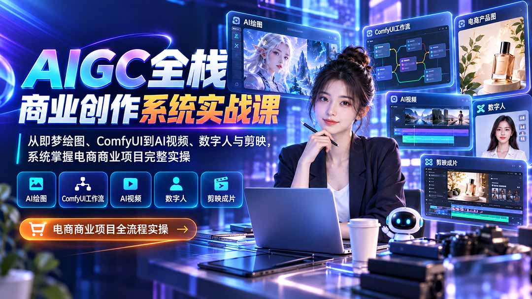 AIGC全栈商业创作系统实战课：从即梦绘图、ComfyUI到AI视频、数字人与剪映，系统掌握电商商业项目完整实操-桀创项目掘金社