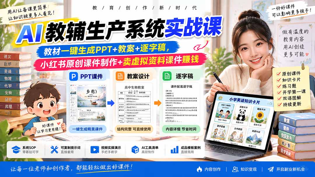 AI教辅生产系统实战课｜教材一键生成PPT+教案+逐字稿，小红书原创课件制作+卖虚拟资料课件赚钱-桀创项目掘金社