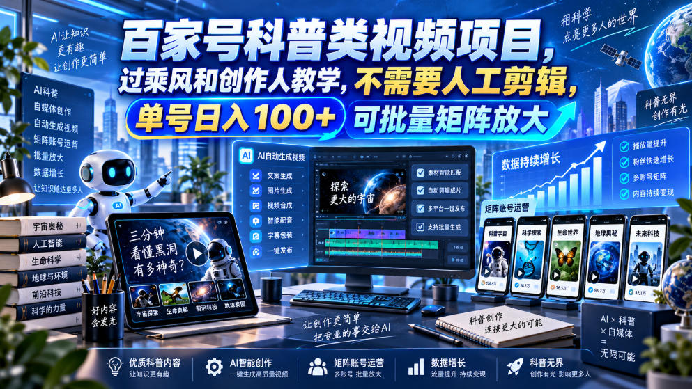 百家号科普类视频项目，过乘风和创作人教学，不需要人工剪辑，单号日入100+可批量矩阵放大-桀创项目掘金社