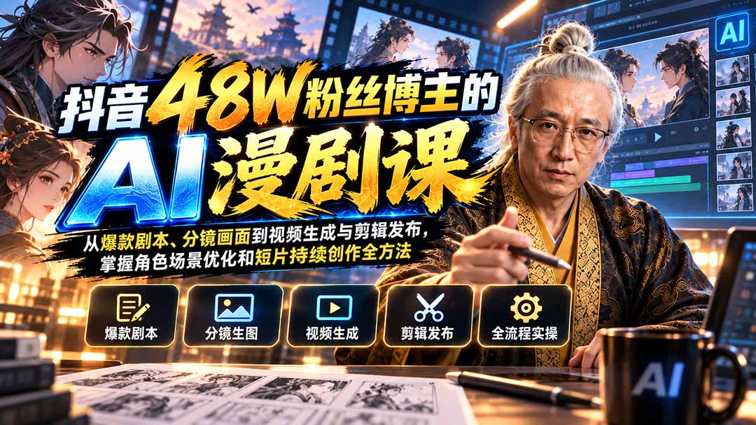 抖音48W粉丝博主的AI漫剧课：从爆款剧本、分镜画面到视频生成与剪辑发布，掌握角色场景优化和短片持续创作全方法-桀创项目掘金社