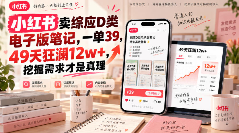 小红书卖综应D类电子版笔记，一单39，49天狂澜12w+，挖掘需求才是真理-桀创项目掘金社