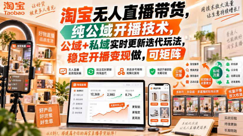 淘宝无人直播带货，纯公域开播技术，公域+私域实时更新迭代玩法，稳定开播变现做，可矩阵【揭秘】-桀创项目掘金社