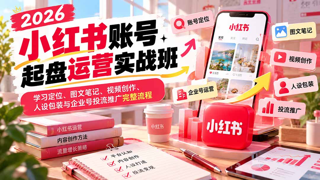 2026小红书账号起盘运营实战班：学习定位、图文笔记、视频创作、人设包装与企业号投流推广完整流程-桀创项目掘金社