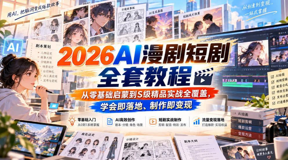 2026AI漫剧短剧全套教程，从零基础启蒙到S级精品实战全覆盖，学会即落地、制作即变现-桀创项目掘金社