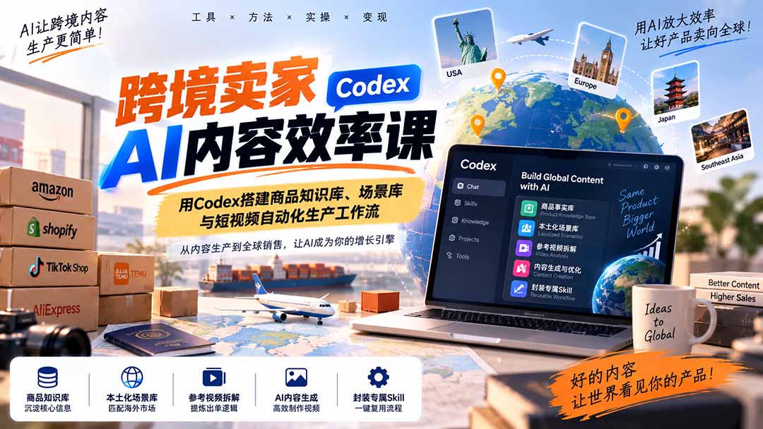 跨境卖家AI内容效率课：用Codex搭建商品知识库、场景库与短视频自动化生产工作流-桀创项目掘金社