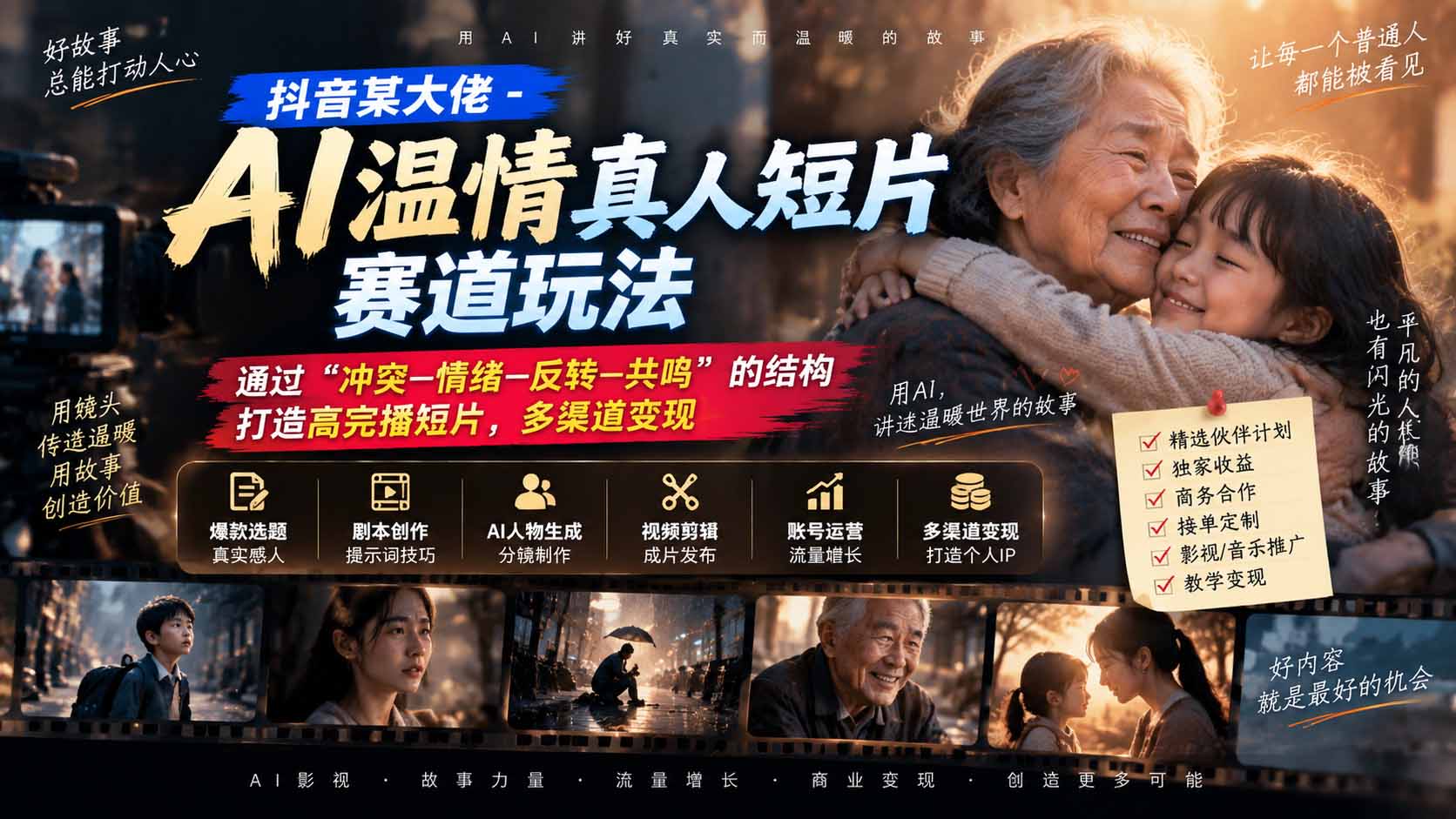 抖音某大佬-AI温情真人短片赛道玩法：通过“冲突—情绪—反转—共鸣”的结构打造高完播短片，多渠道变现-桀创项目掘金社