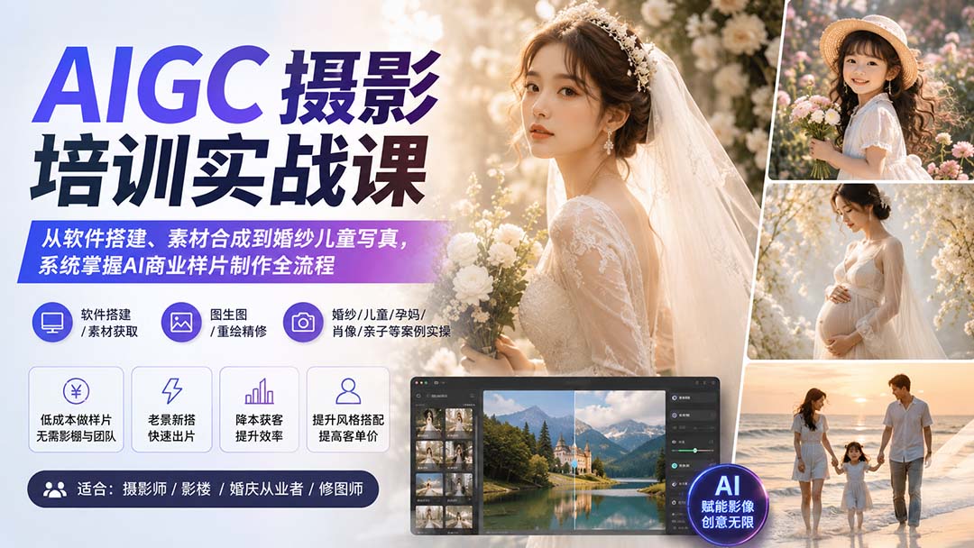 AIGC摄影培训实战课：从软件搭建、素材合成到婚纱儿童写真，系统掌握AI商业样片制作全流程-桀创项目掘金社