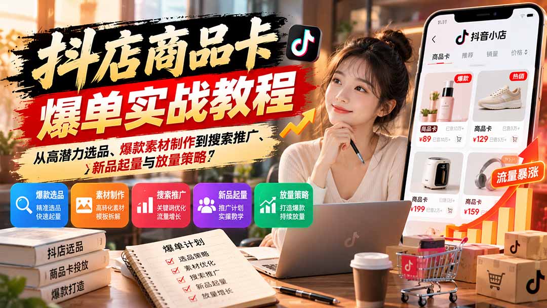 抖店商品卡爆单实战教程：从高潜力选品、爆款素材制作到搜索推广、新品起量与放量策略-桀创项目掘金社