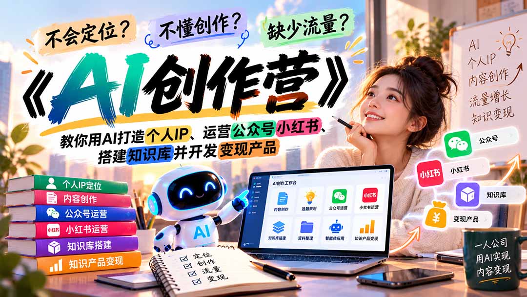 不会定位、不懂创作、缺少流量？《AI创作营》教你用AI打造个人IP、运营公众号小红书、搭建知识库并开发变现产品-桀创项目掘金社