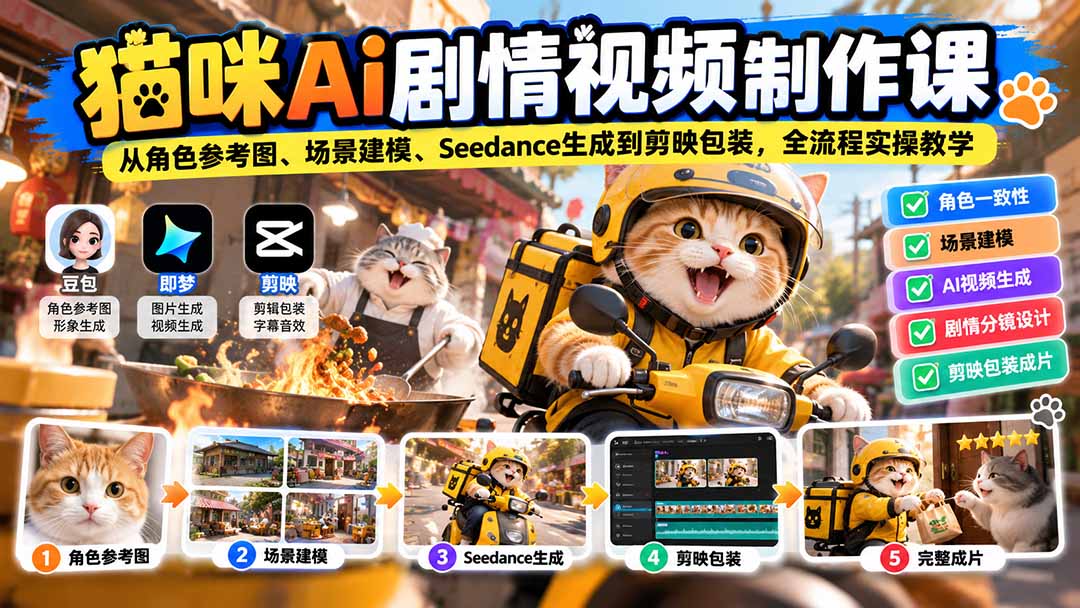 猫咪AI剧情视频制作课：从角色参考图、场景建模、Seedance生成到剪映包装，全流程实操教学-桀创项目掘金社
