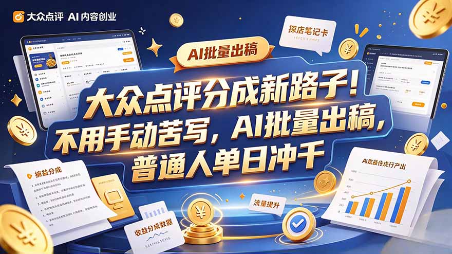 大众点评副业新玩法，工具提效解放双手，批量做笔记，单日可破千-桀创项目掘金社