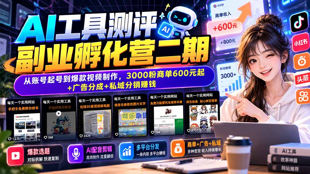 AI工具测评副业孵化营二期：从账号起号到爆款视频制作，3000粉商单600元起+广告分成+私域分销赚钱-桀创项目掘金社