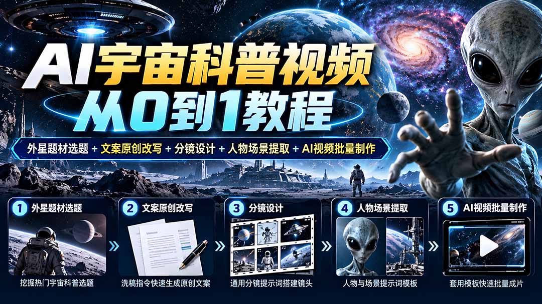 AI宇宙科普视频从0到1教程｜外星题材选题+文案原创改写+分镜设计+人物场景提取+AI视频批量制作-桀创项目掘金社