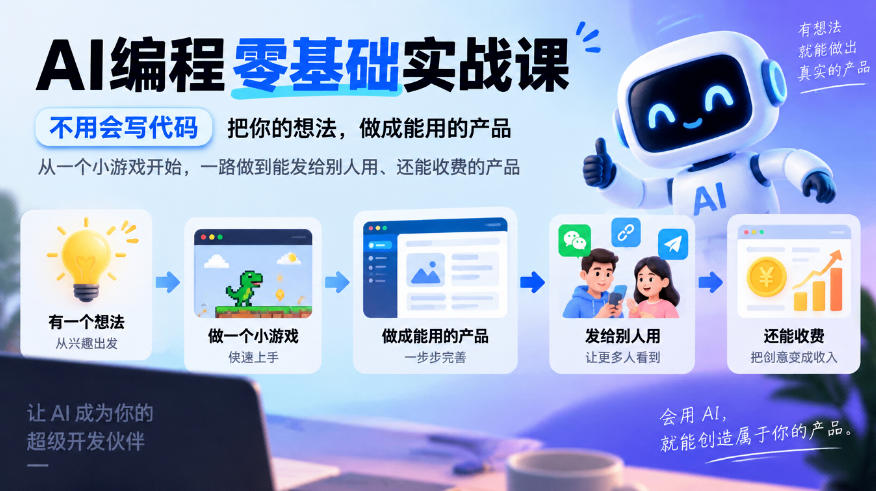 AI编程零基础实战课，不用会写代码，把你的想法，做成能用的产品，从一个小游戏开始，一路做到能发给别人用、还能收费的产品-桀创项目掘金社