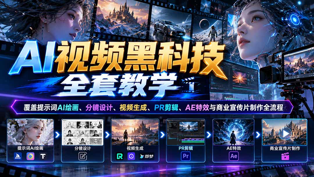 AI视频黑科技全套教学：覆盖提示词AI绘画、分镜设计、视频生成、PR剪辑、AE特效与商业宣传片制作全流程-桀创项目掘金社