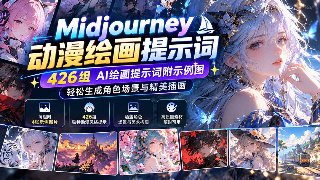 Midjourney动漫绘画提示词：426组AI绘画提示词附示例图，轻松生成角色场景与精美插画-桀创项目掘金社