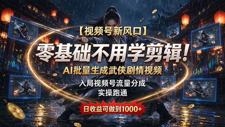 【视频号新风口】零基础不用学剪辑！AI 批量生成武侠剧情视频，入局视频号流量分成，实操跑通，日收益可做到 1000+-桀创项目掘金社