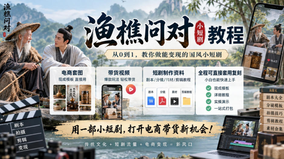 渔樵问对小短剧教程，包含电商套图、带货视频，短剧制作资料，全程可直接套用复刻-桀创项目掘金社
