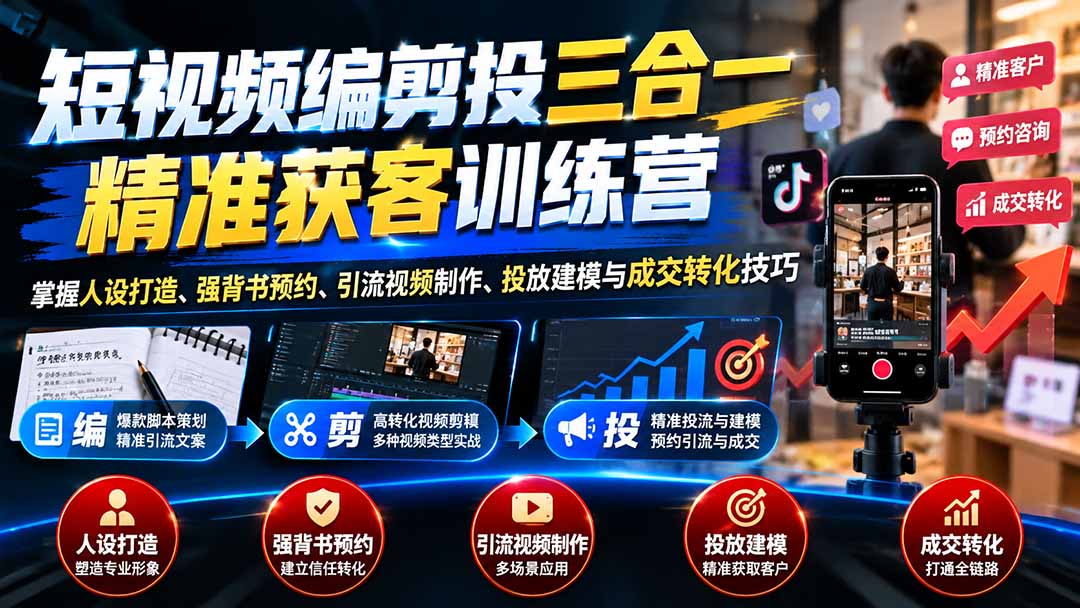 短视频编剪投三合一精准获客训练营：掌握人设打造、强背书预约、引流视频制作、投放建模与成交转化技巧-桀创项目掘金社