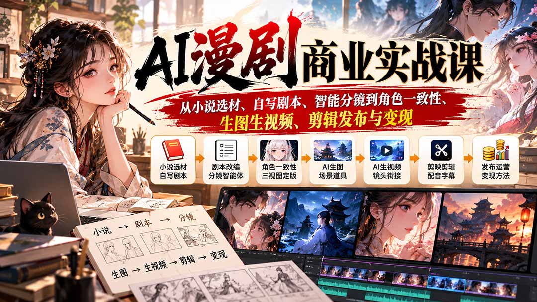 AI漫剧商业实战课：从小说选材、自写剧本、智能分镜到角色一致性、生图生视频、剪辑发布与变现-桀创项目掘金社