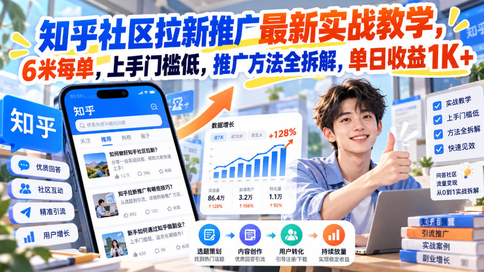 知乎社区拉新推广最新实战教学，6米每单，上手门槛低，推广方法全拆解，单日收益1K+！(更新0930)-桀创项目掘金社