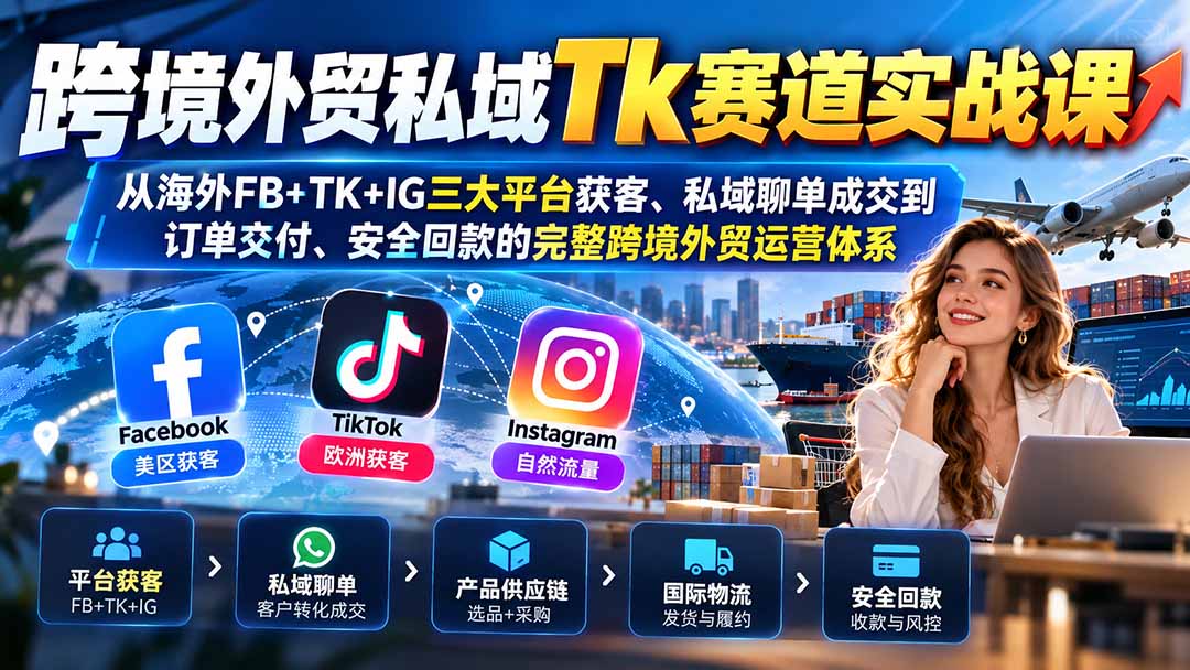 跨境外贸私域Tk赛道实战课：从海外FB+TK+IG三大平台获客、私域聊单成交到订单交付、安全回款的完整跨境外贸运营体系-桀创项目掘金社