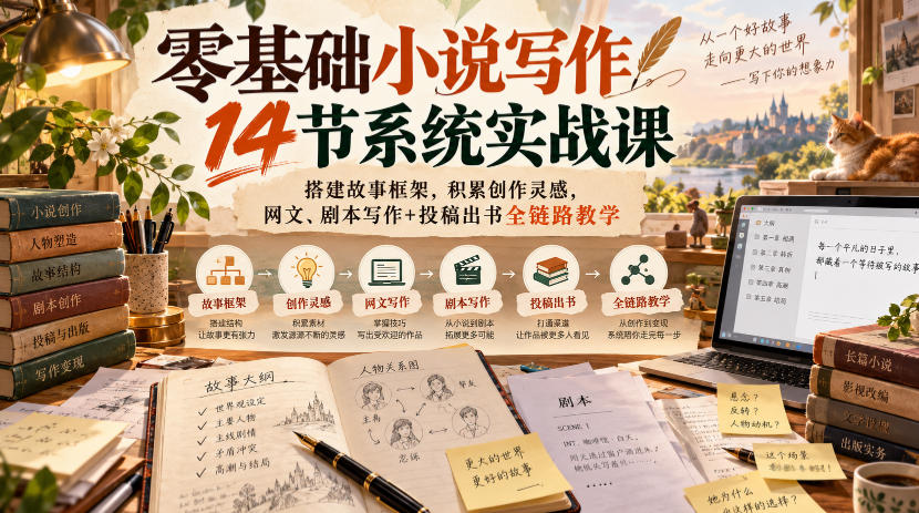 零基础小说写作14节系统实战课，搭建故事框架，积累创作灵感，网文、剧本写作+投稿出书全链路教学-桀创项目掘金社