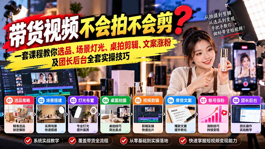 带货视频不会拍不会剪？一套课程教你选品、场景灯光、桌拍剪辑、文案涨粉及团长后台全套实操技巧  复制标题-桀创项目掘金社