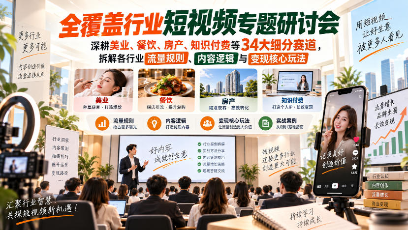 短视频专题研讨会，深耕美业、餐饮、房产、知识付费等34大细分赛道，拆解各行业流量规则、内容逻辑与变现核心玩法(更新1011)-桀创项目掘金社