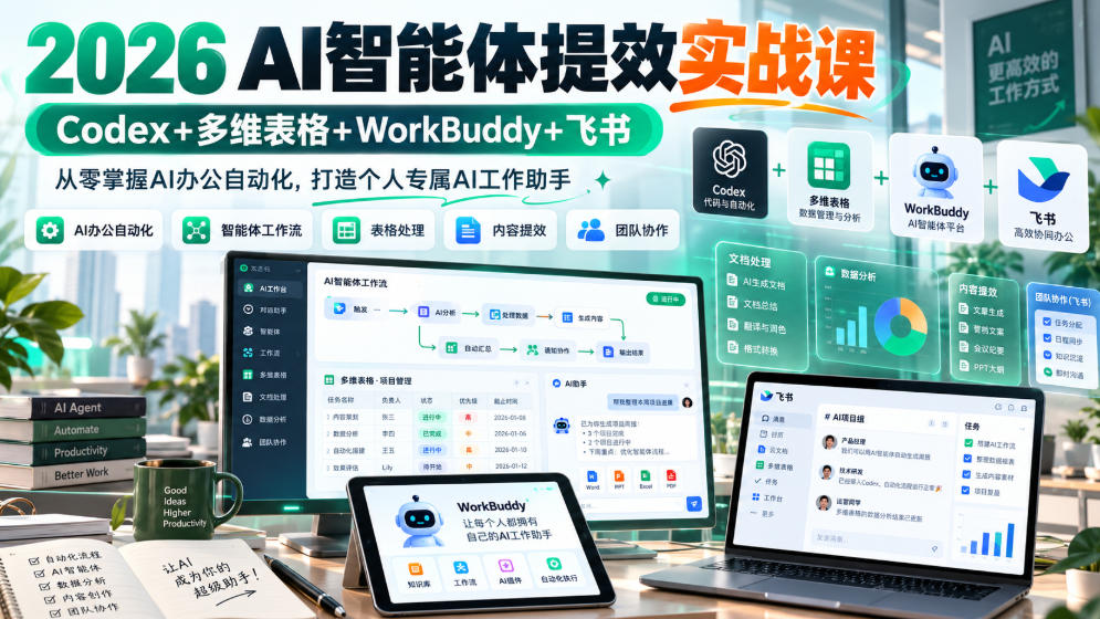 2026 AI智能体提效实战课：Codex+多维表格+WorkBuddy+飞书，从零掌握AI办公自动化，打造个人专属AI工作助手-桀创项目掘金社