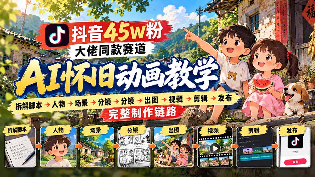 抖音45W粉大佬同款赛道AI怀旧动画教学：拆解脚本→人物→场景→分镜→出图→视频→剪辑→发布完整制作链路-桀创项目掘金社