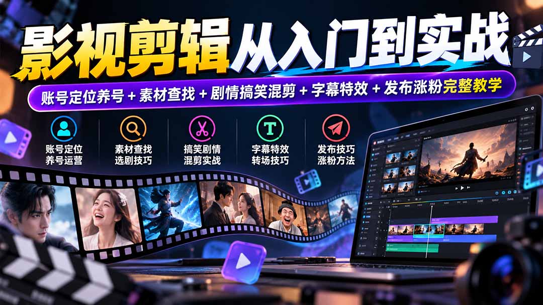 影视剪辑从入门到实战：账号定位养号+素材查找+剧情搞笑混剪+字幕特效+发布涨粉完整教学-桀创项目掘金社