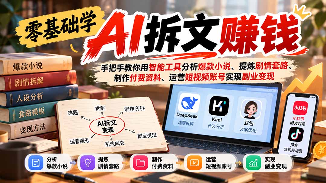 零基础学AI拆文赚钱：手把手教你用智能工具分析爆款小说、提炼剧情套路、制作付费资料、运营短视频账号实现副业变现-桀创项目掘金社